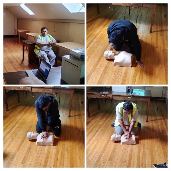 Fotografías de capacitación práctica en RCP para trabajadores de obras civiles.