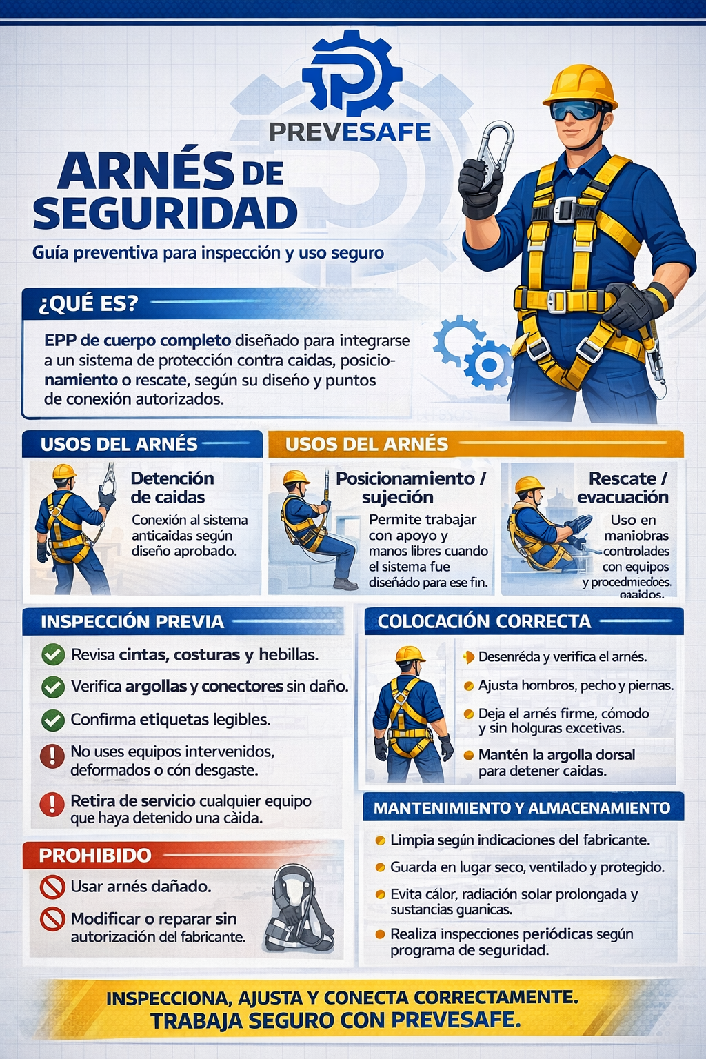 Infografía de PreveSafe sobre inspección y uso seguro del arnés de seguridad.
